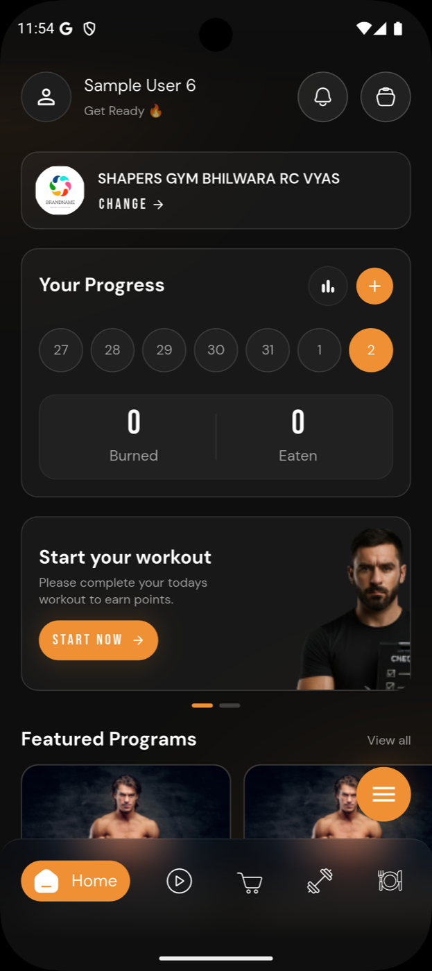 Arogyam member home showing gym, progress and featured programs