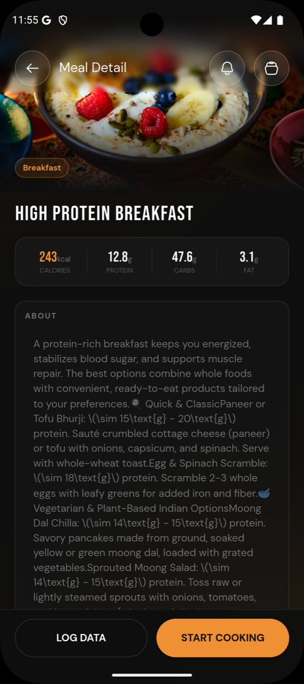 Arogyam meal detail with calories and macros